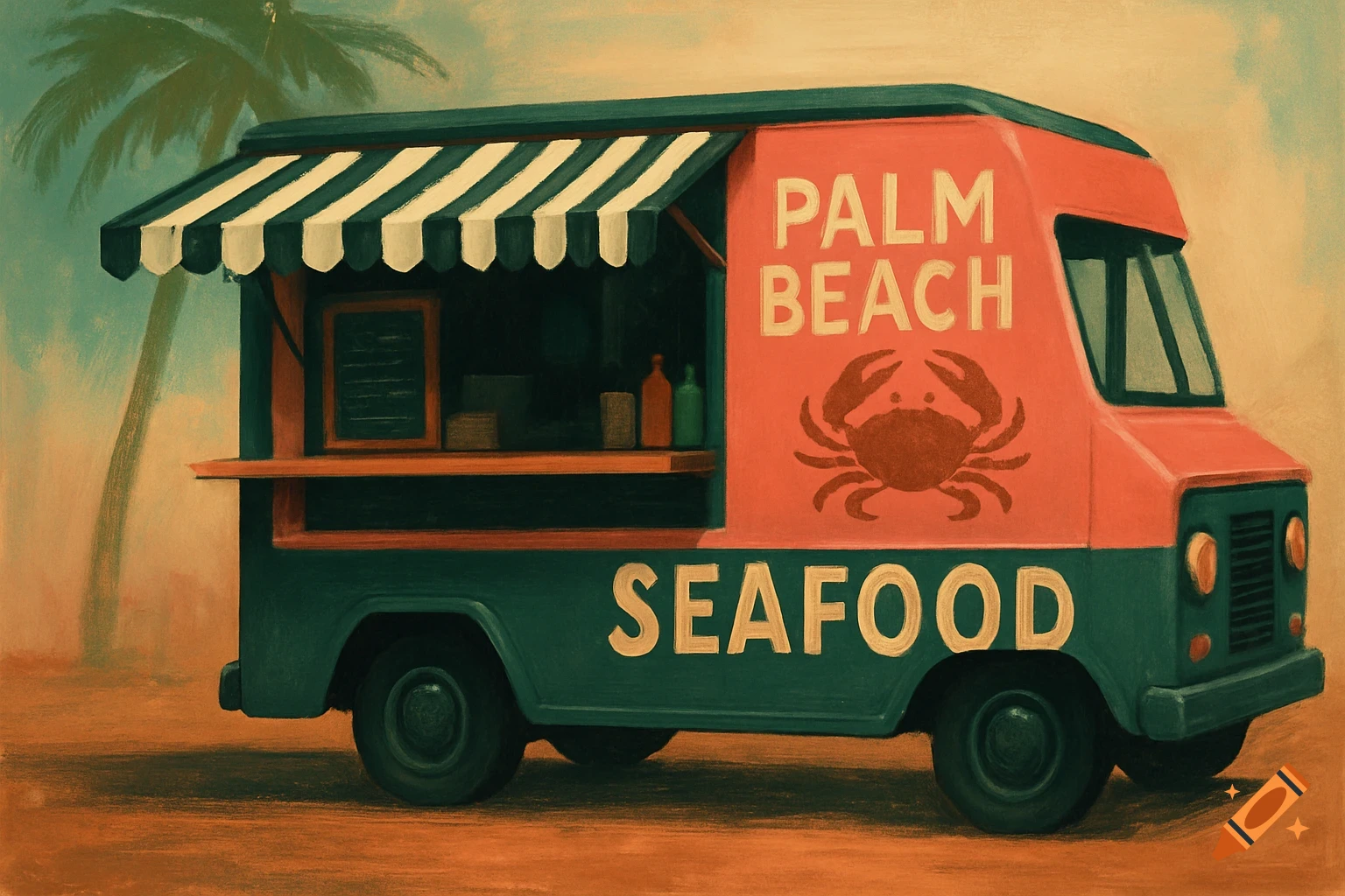 Illustration of a Palm Beach Seafood food truck on a beach.