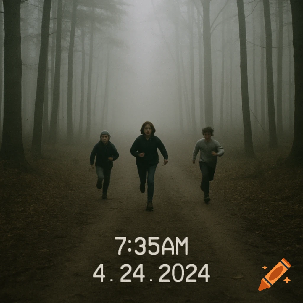 Three kids run on a path in a foggy forest with a timestamp 7:35AM 4.24.2024.