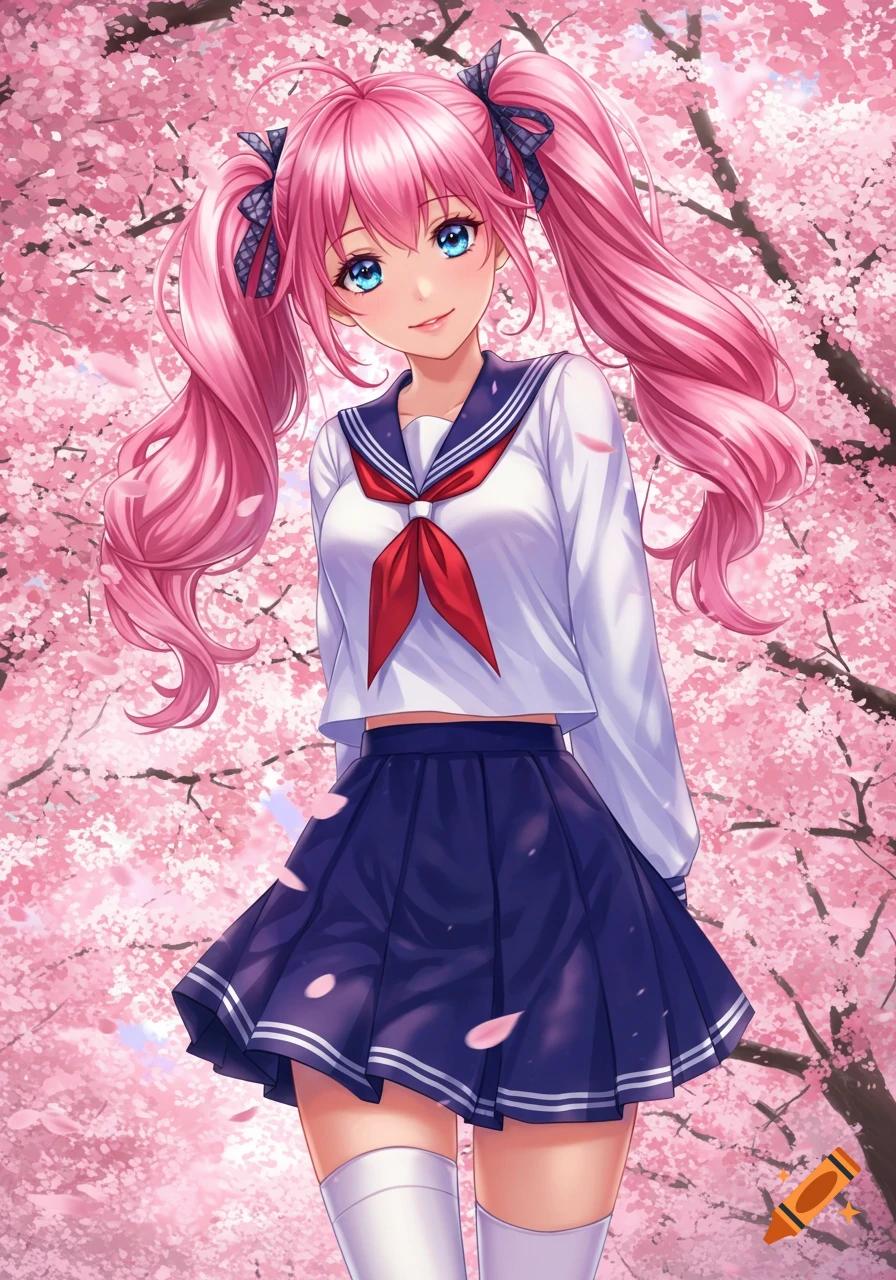Anime girl with pink pigtails in school uniform among cherry blossoms