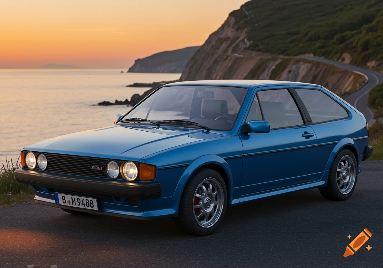 Blue classic Volkswagen Scirocco car parked on a road overlooking the ocean at sunset.