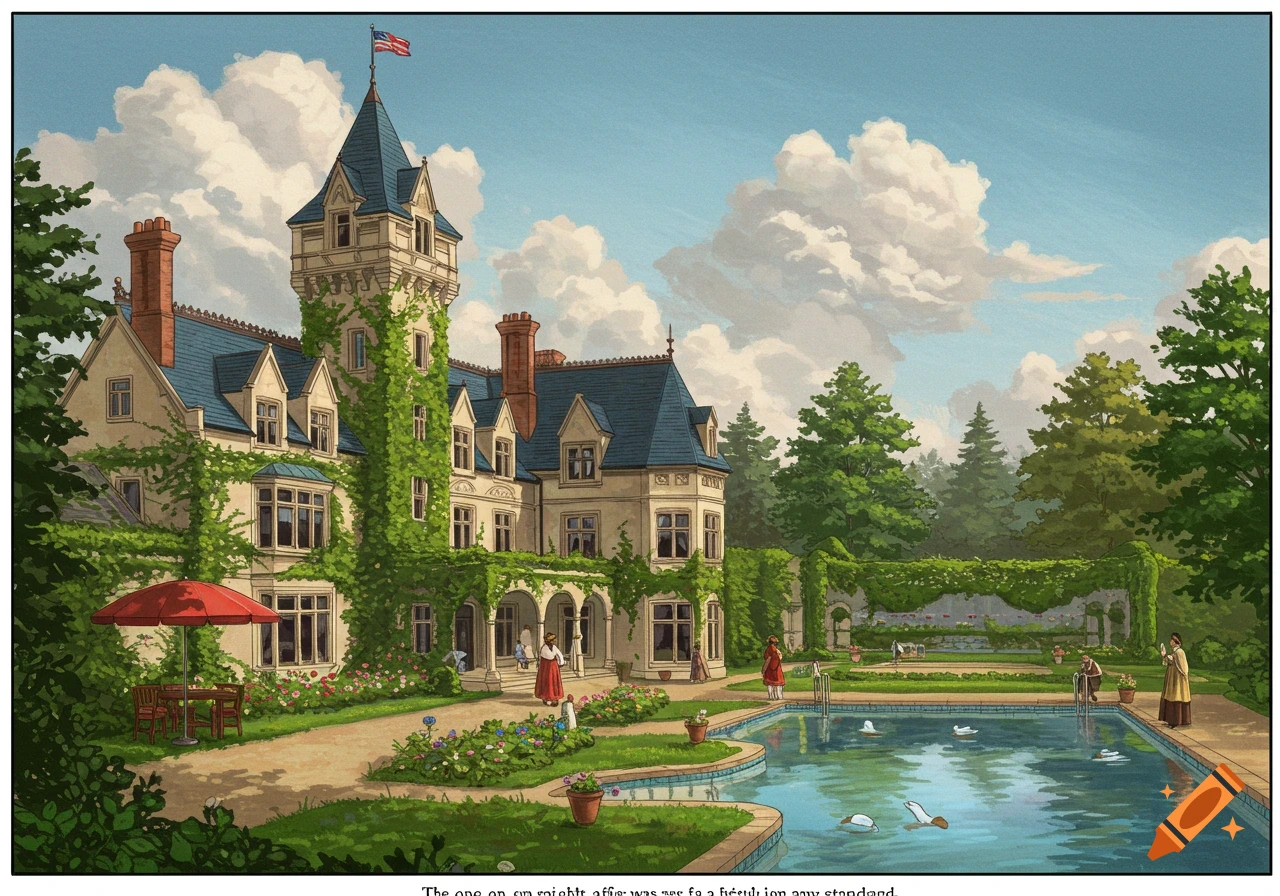 Illustration of a large mansion with ivy, a garden, a swimming pool, and people.