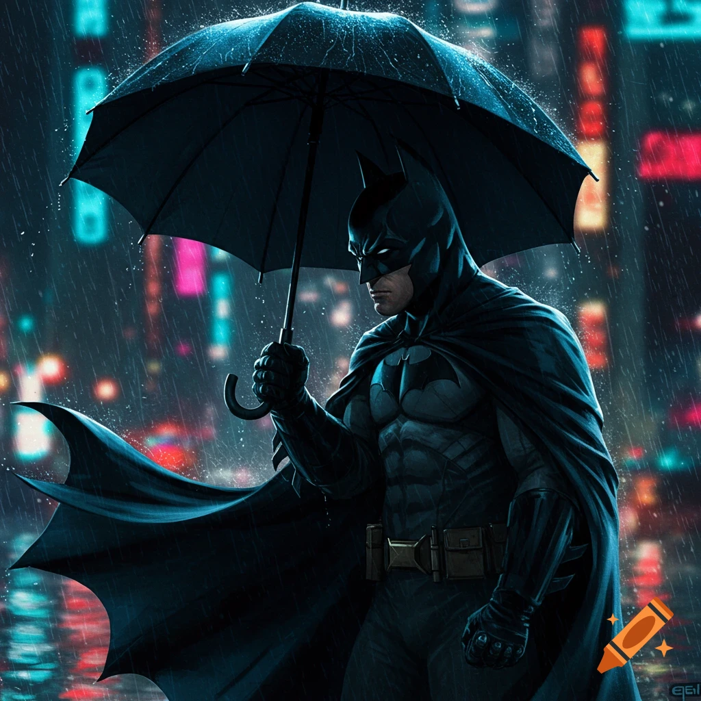 Batman stands in the rain holding an umbrella in a city at night.