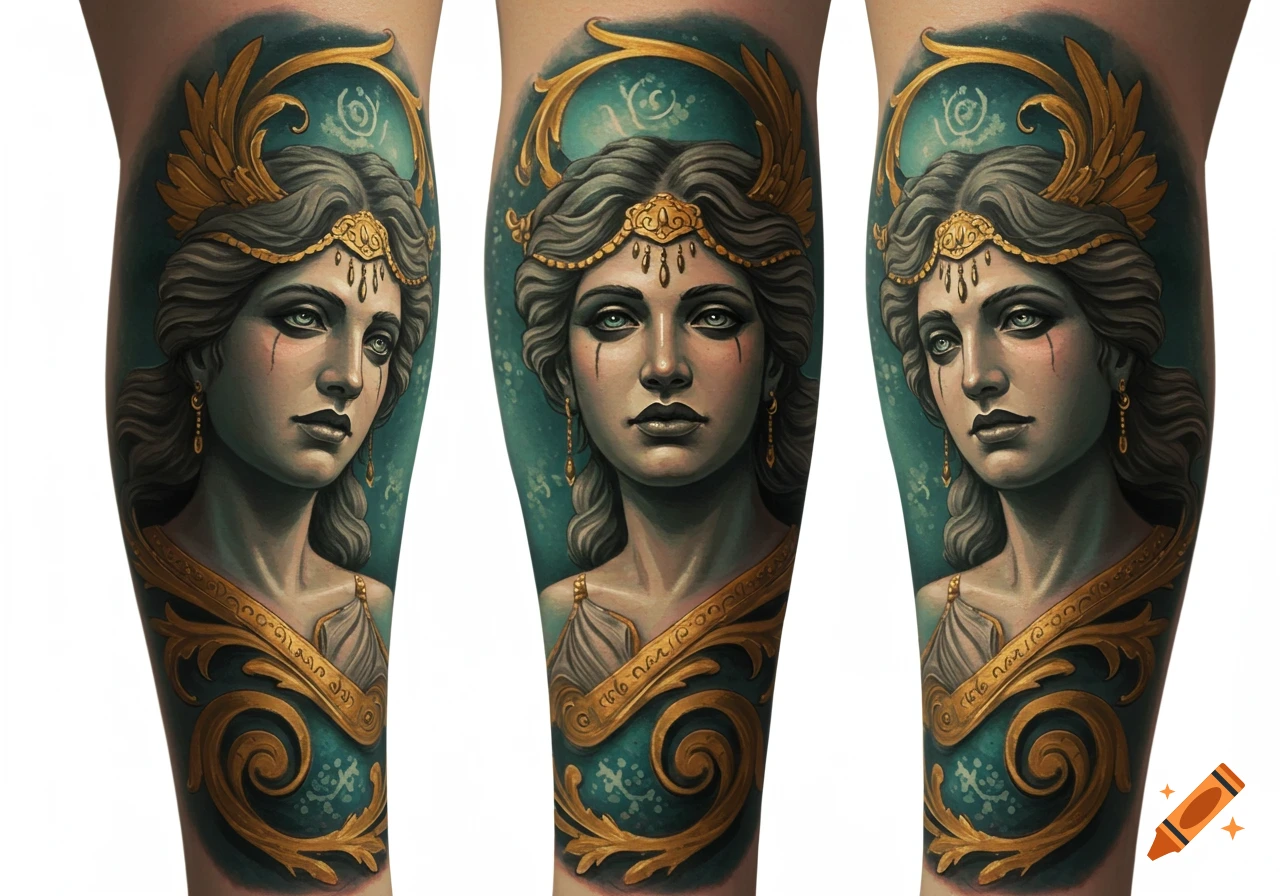 Stylized tattoo of a Greek goddess with a golden headdress and trim on a teal background.
