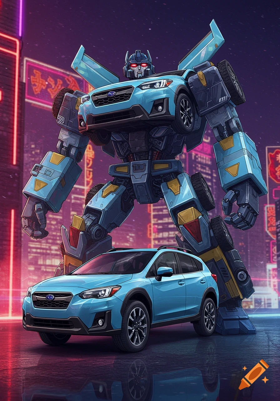 Large blue car-robot stands over a matching car in a neon-lit futuristic city.