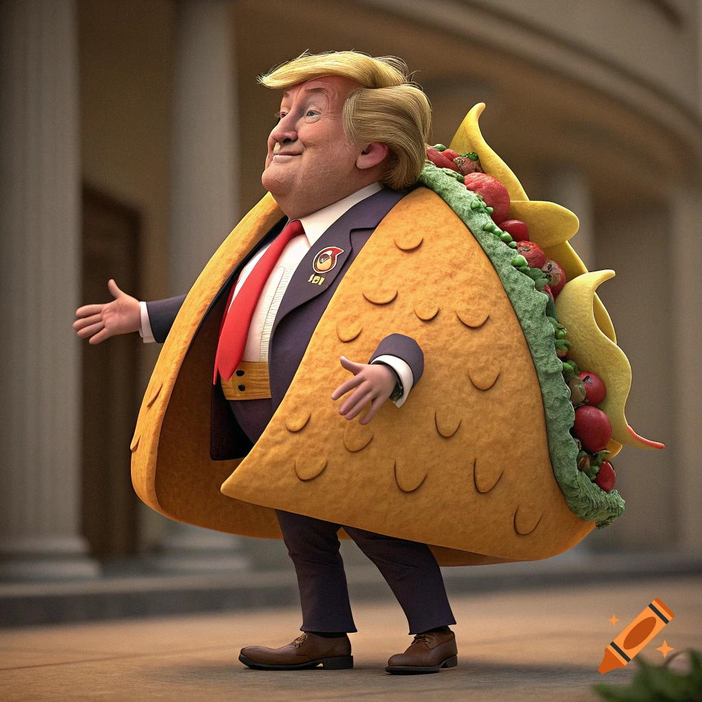 Cartoonish depiction of Donald Trump in a large taco costume outdoors