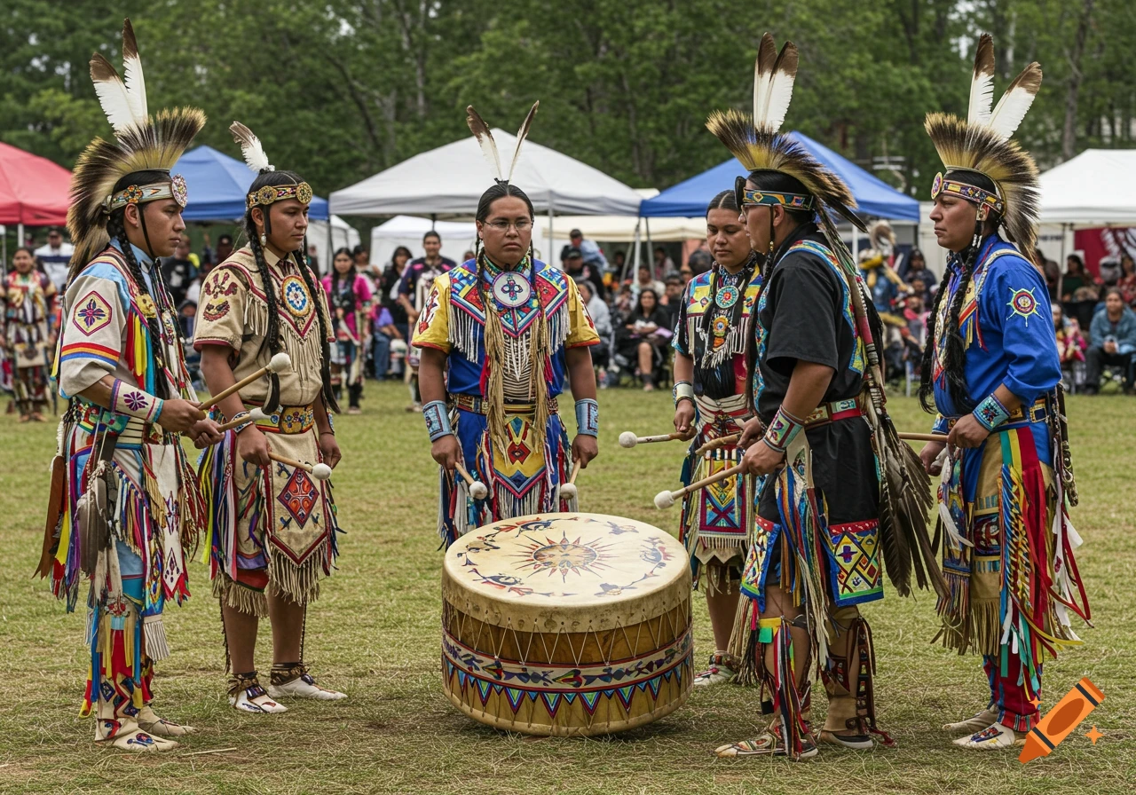 Six men in traditional Native American dress stand around a large drum outdoors.