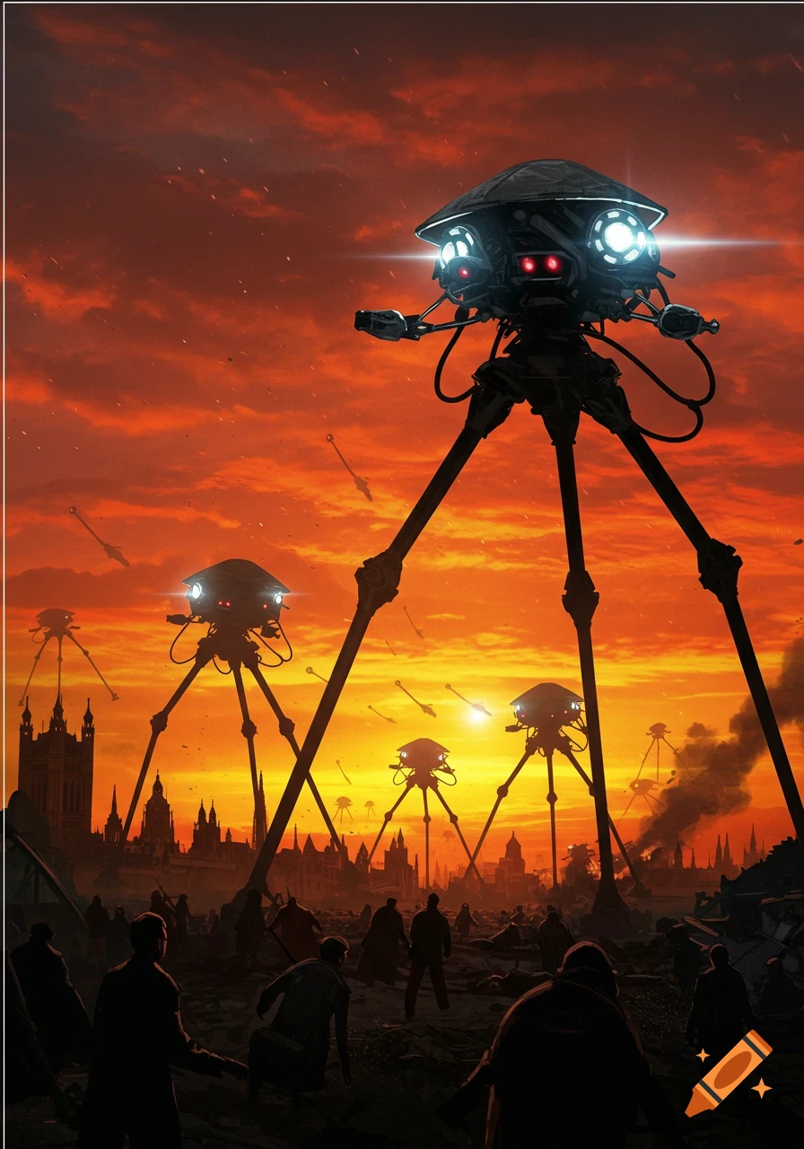 Giant sci-fi tripods attack a city at sunset with silhouetted people fleeing below.