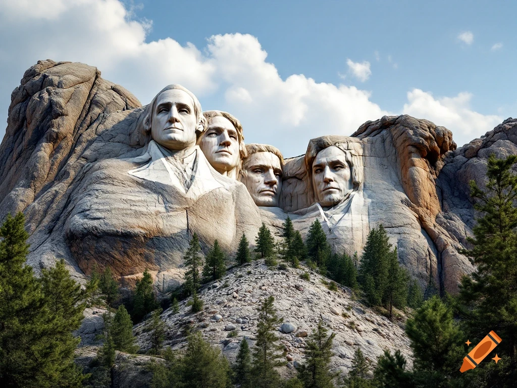 Photorealistic image of Mount Rushmore with carved faces of four athletes