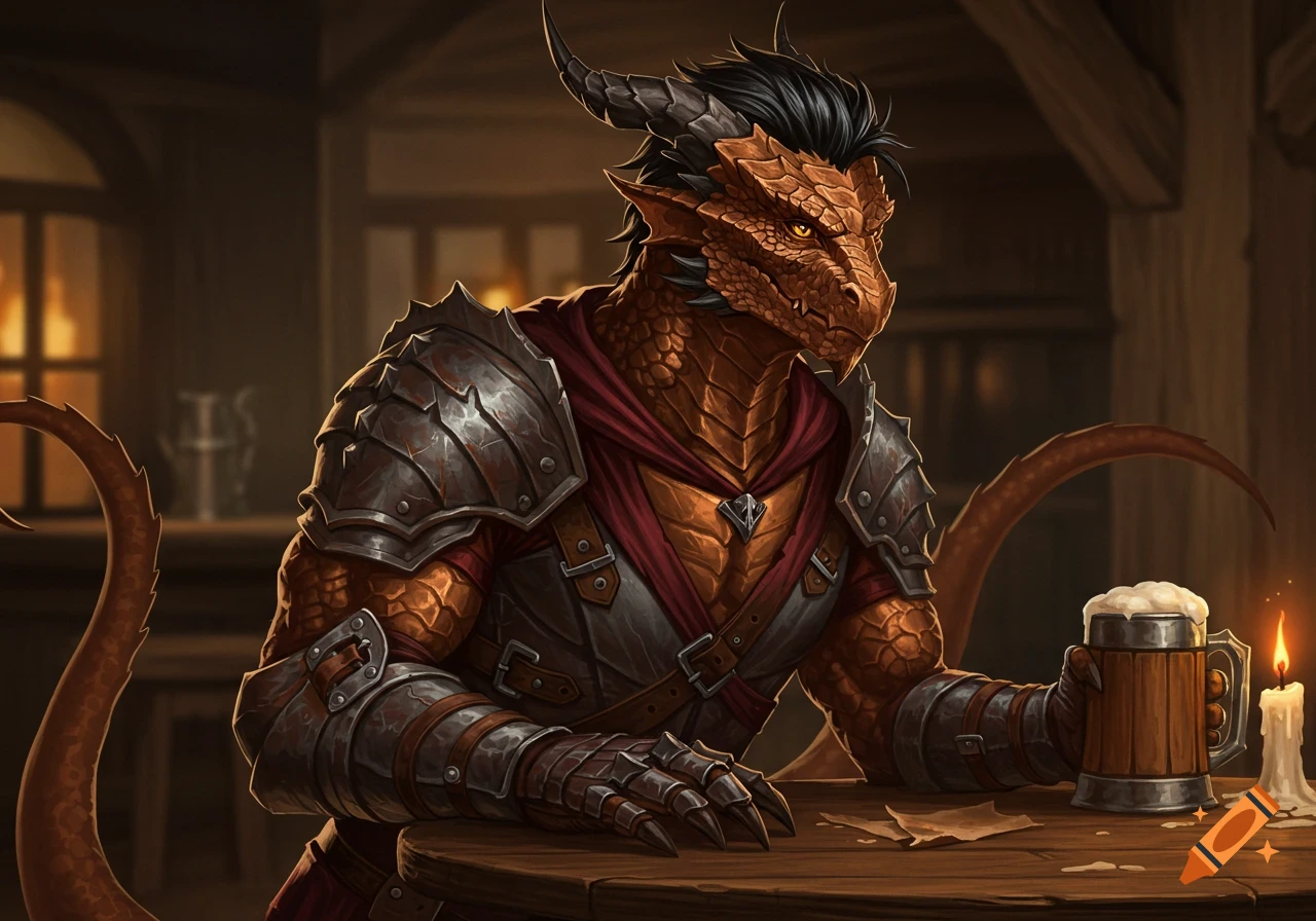 A dragonborn character in armor sits at a table in a dimly lit tavern, holding a mug of beer.