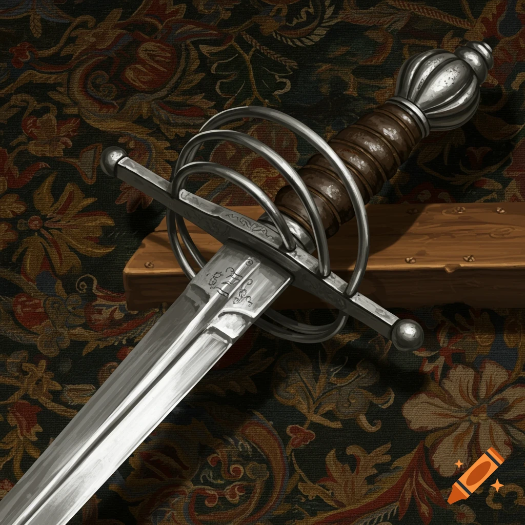 Close-up of a half basket hilt rapier resting on a wooden surface and patterned fabric.