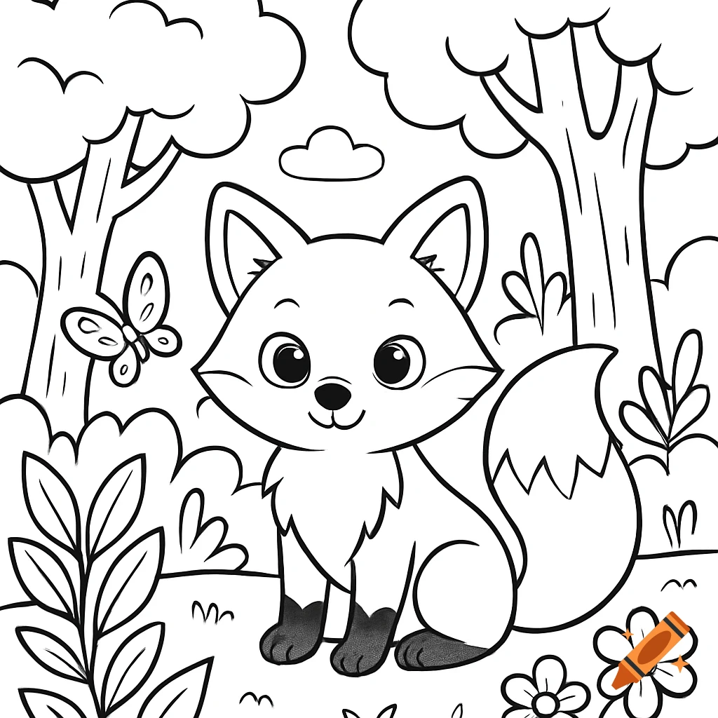 Line drawing of a cute fox sitting in a forest with a butterfly, trees, and flowers, in a coloring book style.