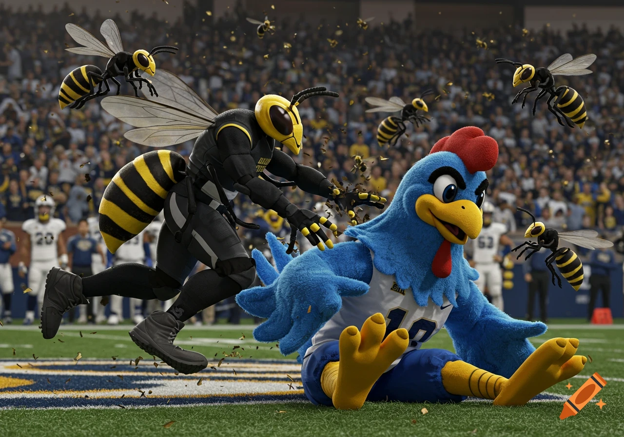 A wasp mascot attacks a blue chicken mascot on a football field with swarming bees.