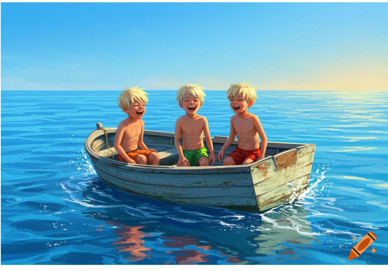Three young boys laugh in a boat on the ocean in an illustration.