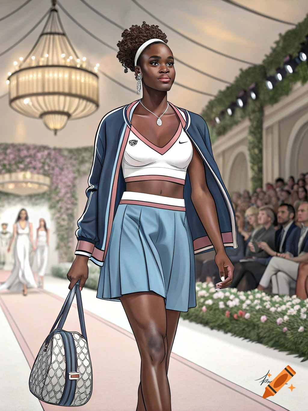 A woman walks a runway in athletic fashion, wearing a crop top, skirt, and jacket, carrying a bag, in a stylized illustration.