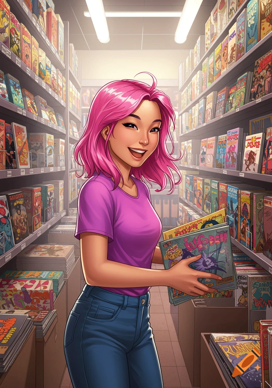 A woman with pink hair smiles while holding comic books in a shop. Illustration.