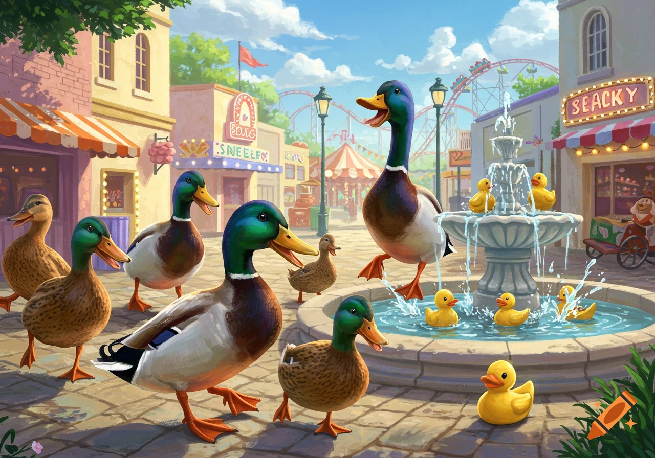 Ducks and rubber ducklings playing around a fountain in a theme park