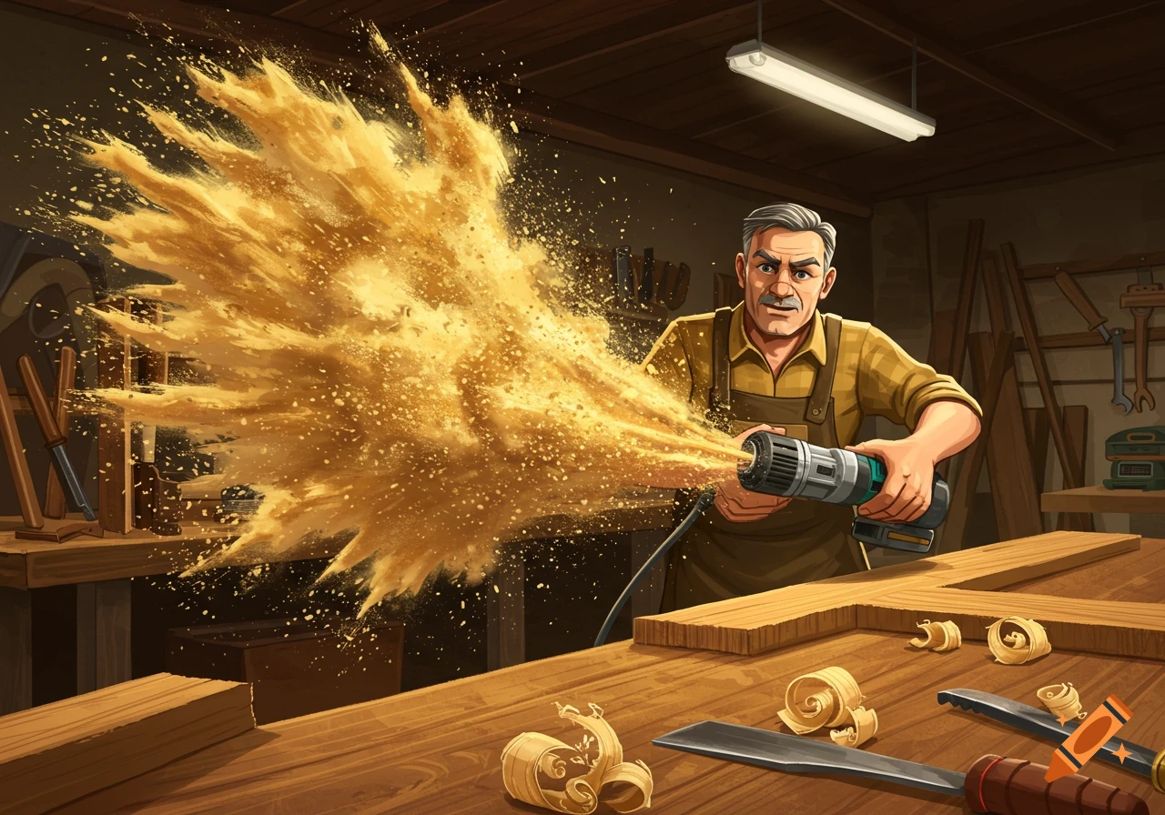 An illustration of a craftsman using a power tool in a workshop, creating a large explosion of sawdust.