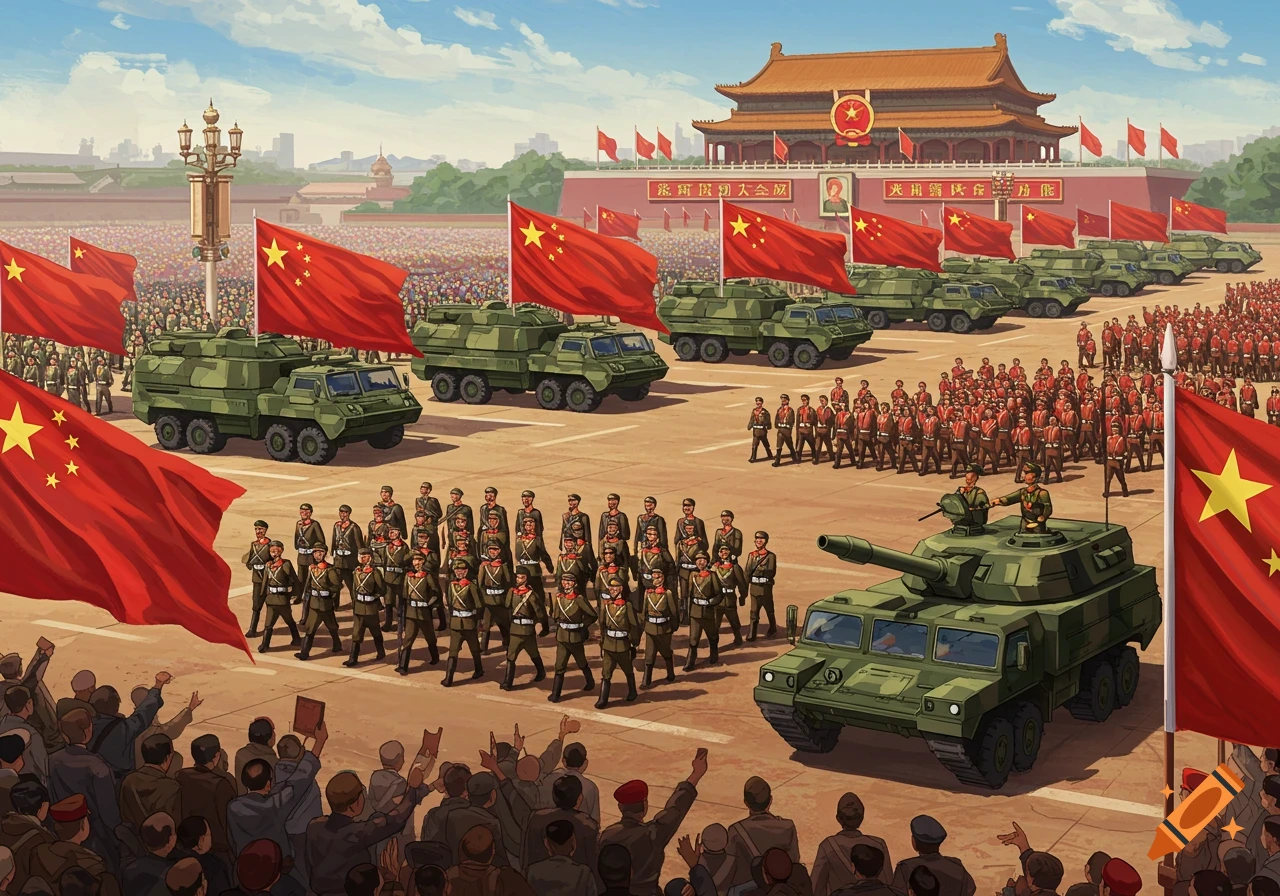 Illustration of a military parade with soldiers, vehicles, and red flags in a city square.
