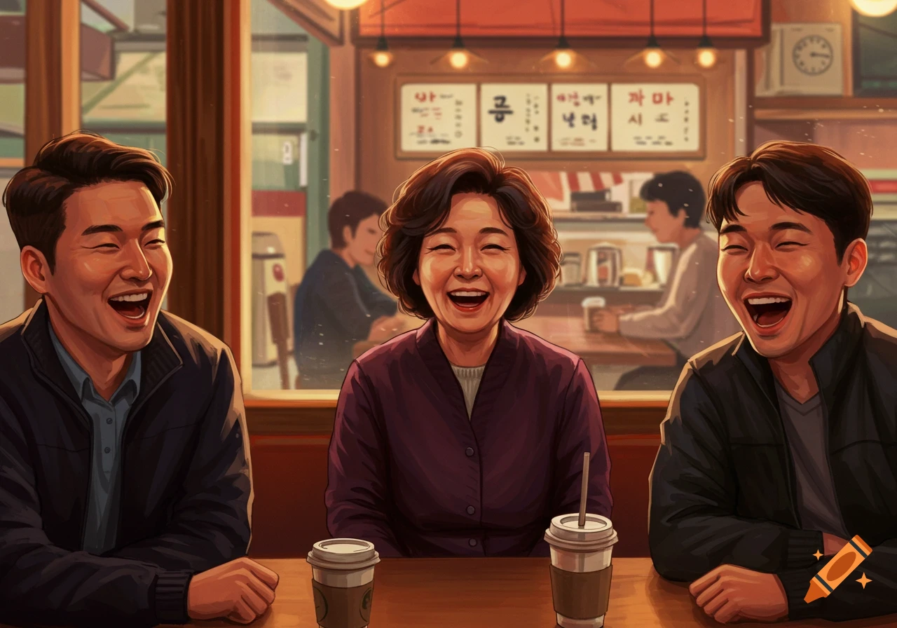 Illustration of three happy Korean people laughing in a coffee shop
