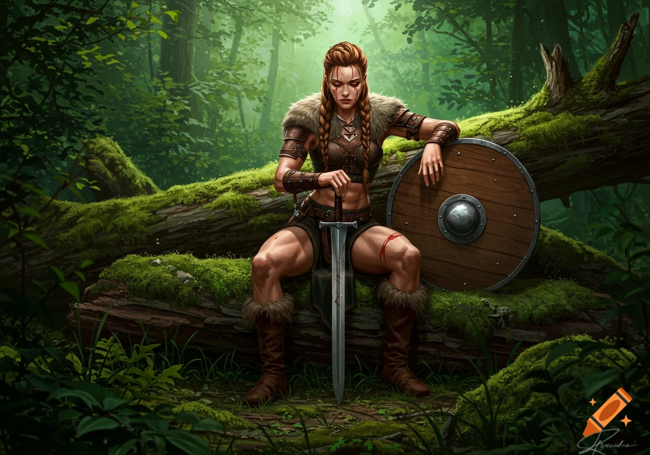 A fierce shieldmaiden sits on a mossy log in a sunlit forest, leaning on her shield with a sword upright.