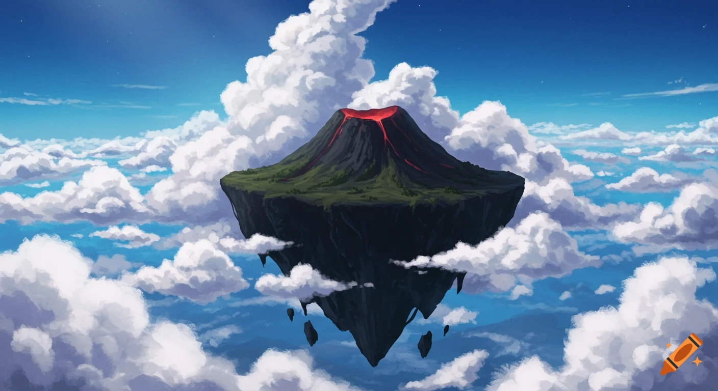 A floating island with an erupting volcano rises above clouds in a bright blue sky, in an illustrative style.