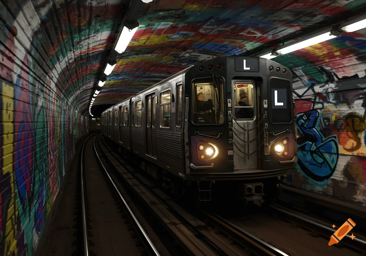 Black L train moves through a subway tunnel with graffiti-covered walls.