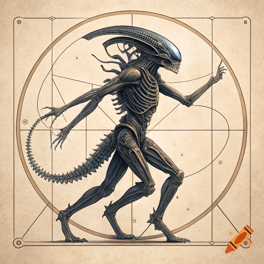 Detailed diagram shows an Alien (Xenomorph) in the pose of Leonardo da Vinci's Vitruvian Man within a circle and square.