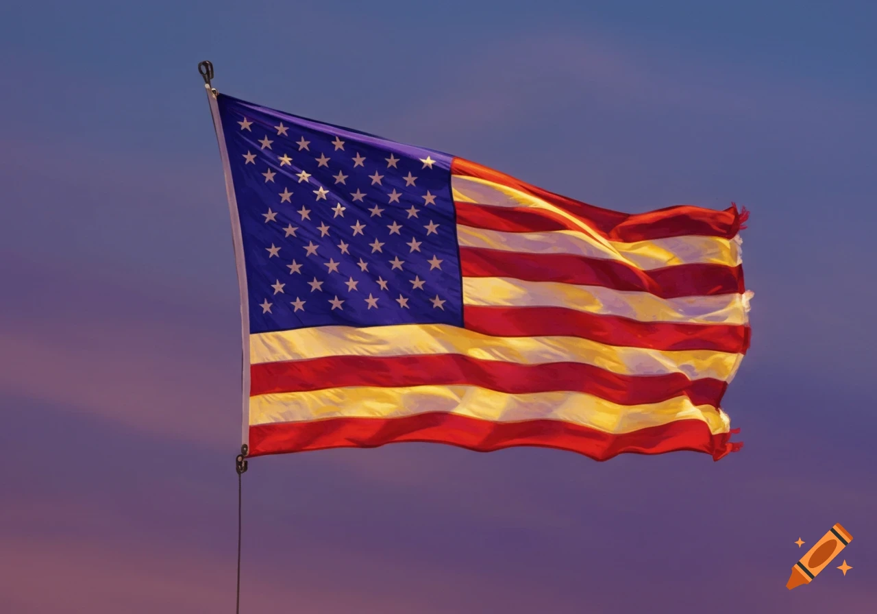 An American flag waves against a purple and blue sky.
