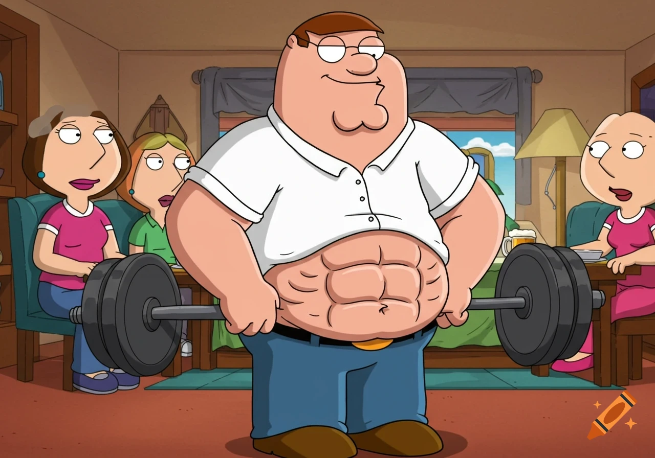 Cartoon character Peter Griffin shows off his new six-pack while holding a barbell, surprising other characters.