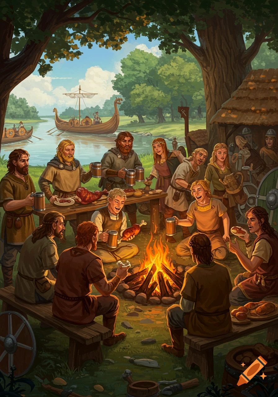 An illustration of Vikings gathered around a campfire by a river with longboats, feasting and drinking.