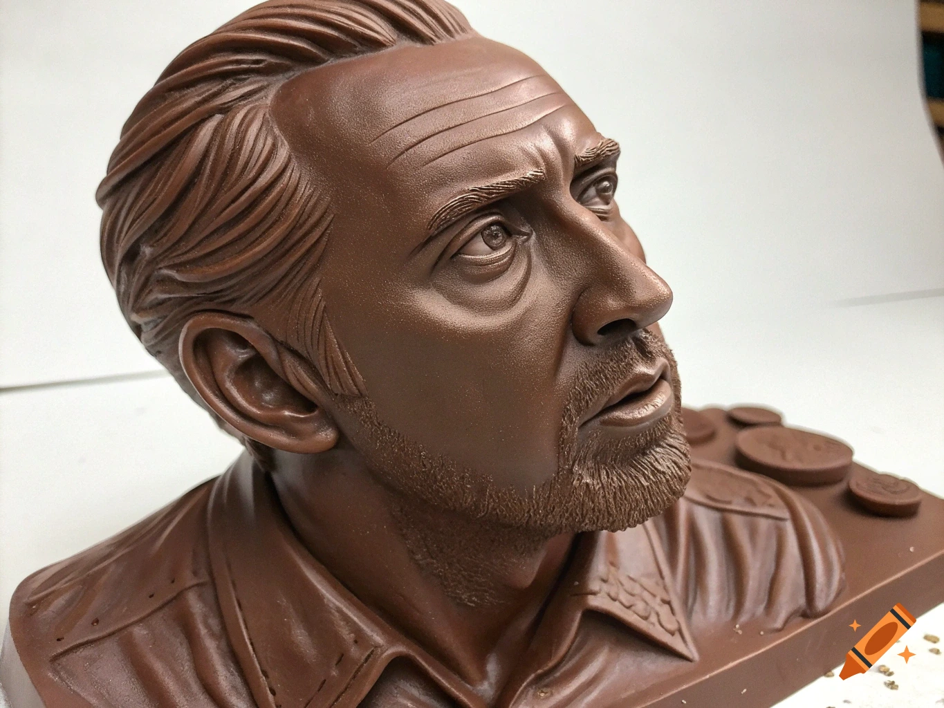 A close-up photorealistic chocolate bust resembling actor Nicolas Cage.