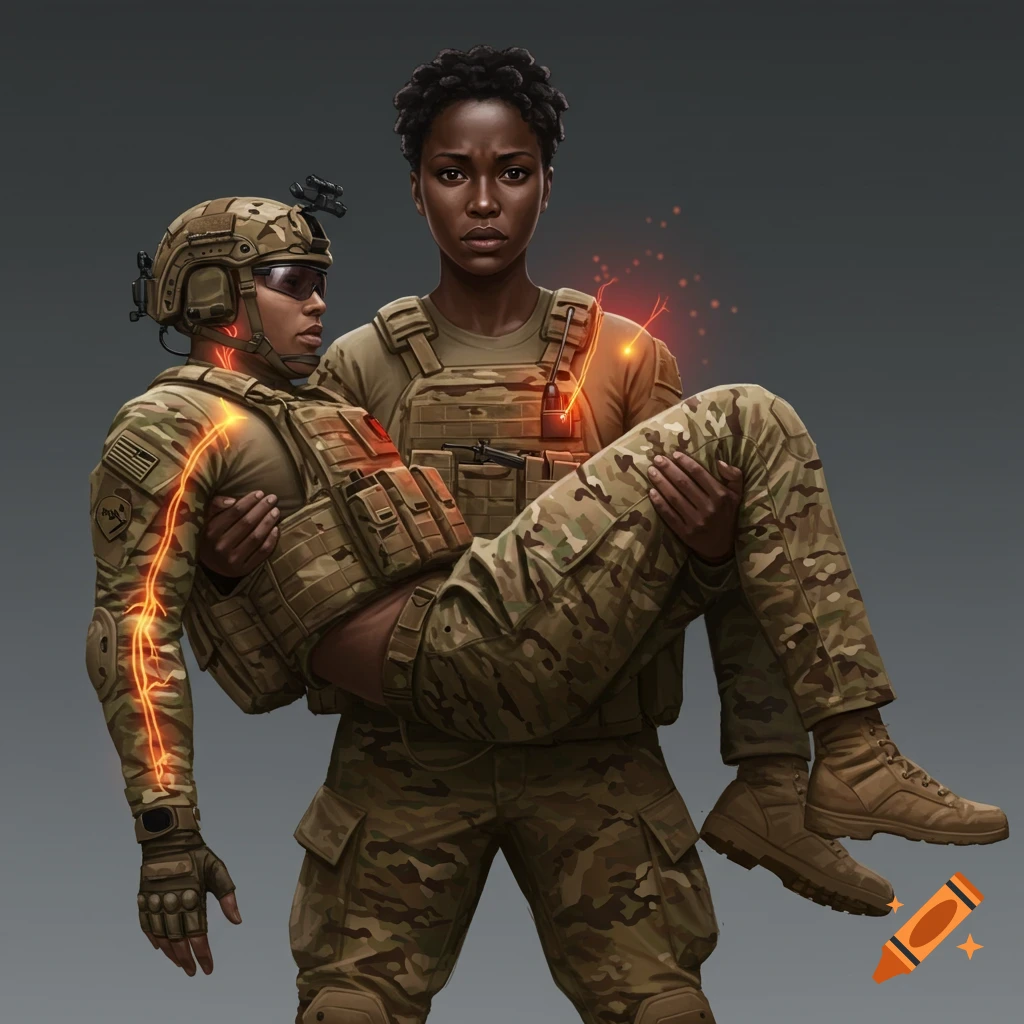 A black female soldier carries another injured soldier, with stylized red/orange glowing lines around them.