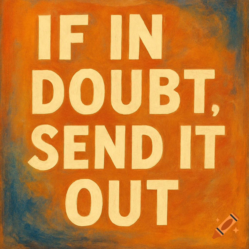 The text 'IF IN DOUBT, SEND IT OUT' in cream letters on a textured orange and blue background.