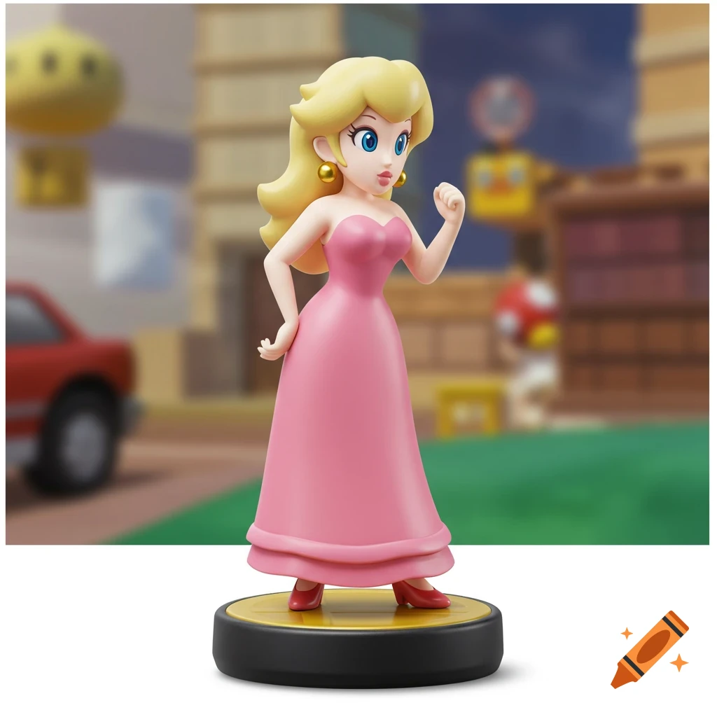 Princess Peach Amiibo figure on a base with a blurred street background