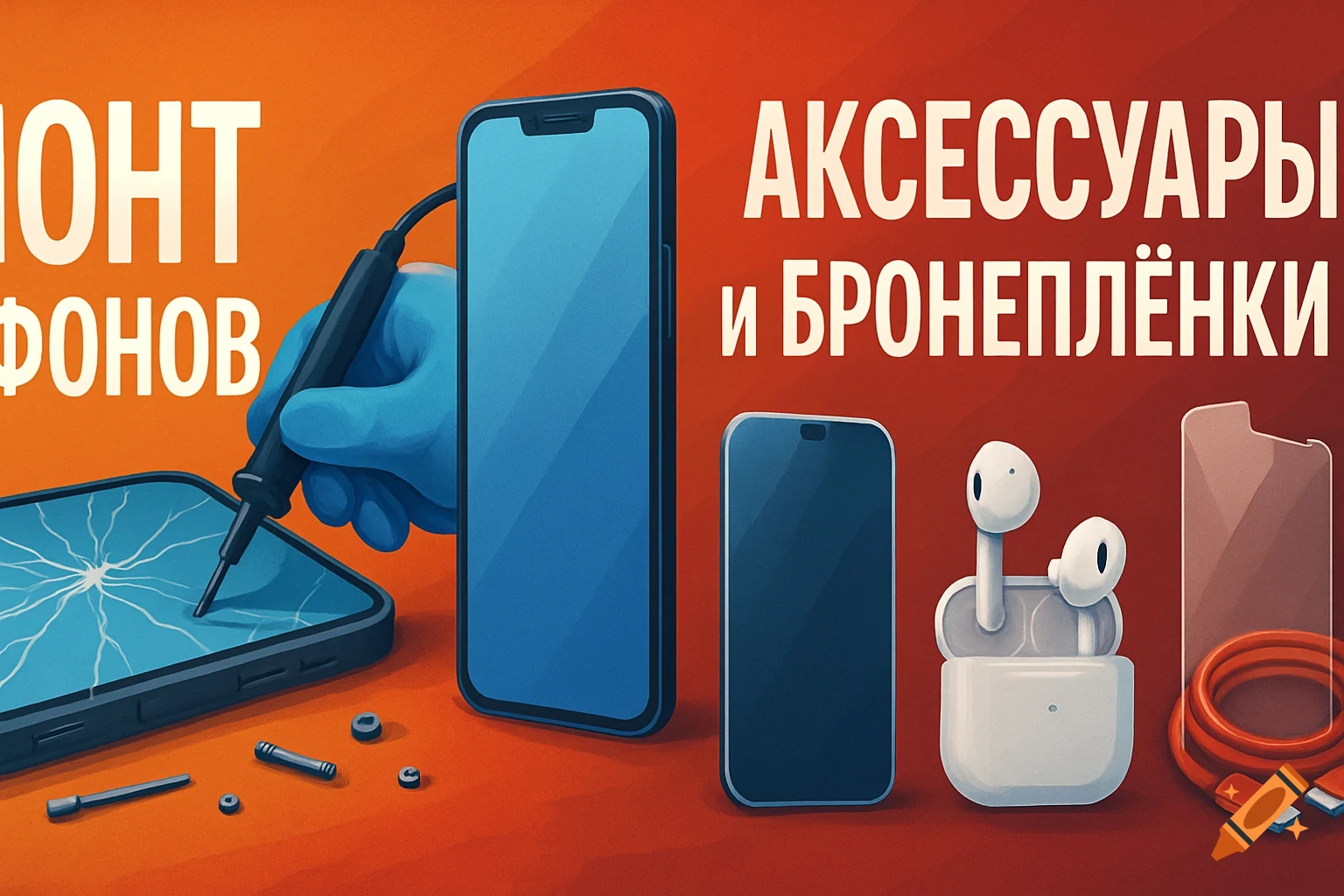 Illustration of phone repair items like phones, tool, earbuds, and cable with Russian text advertising repair and accessories.