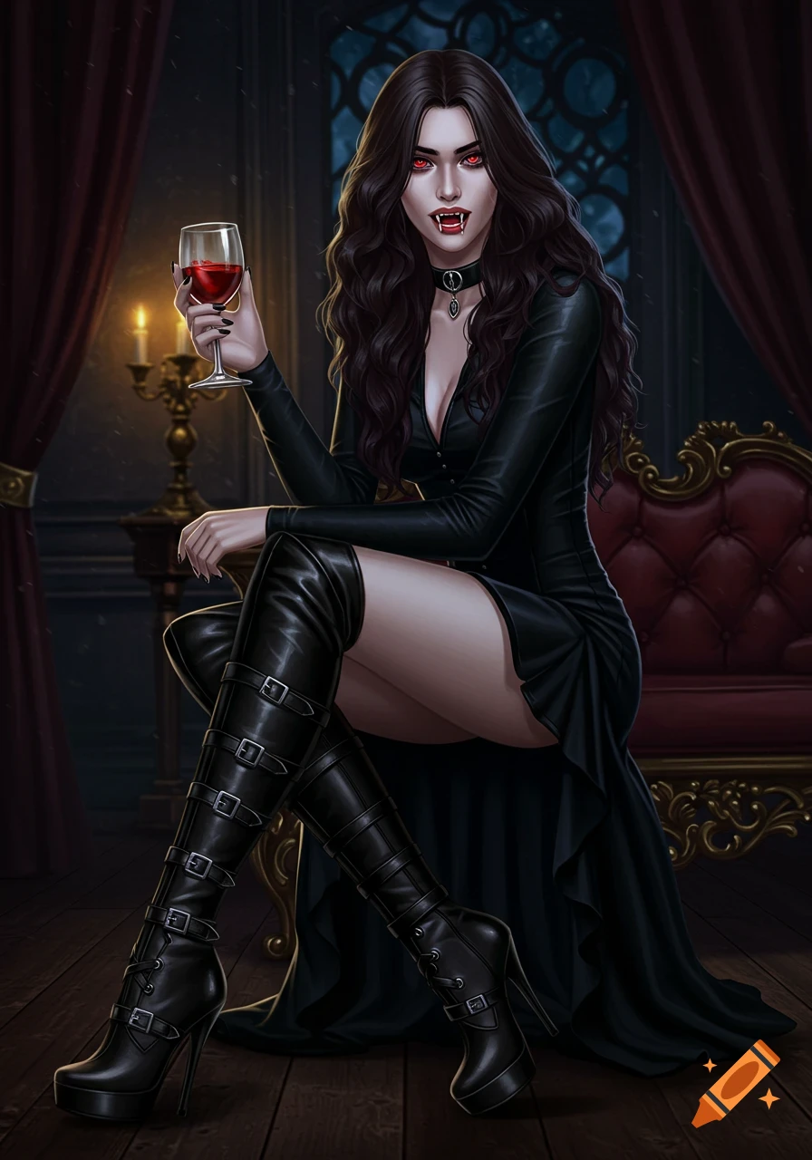 A female vampire with fangs and red eyes sits on a throne, holding a glass of blood. She wears a black leather dress and thigh-high boots in a dark, ornate room.