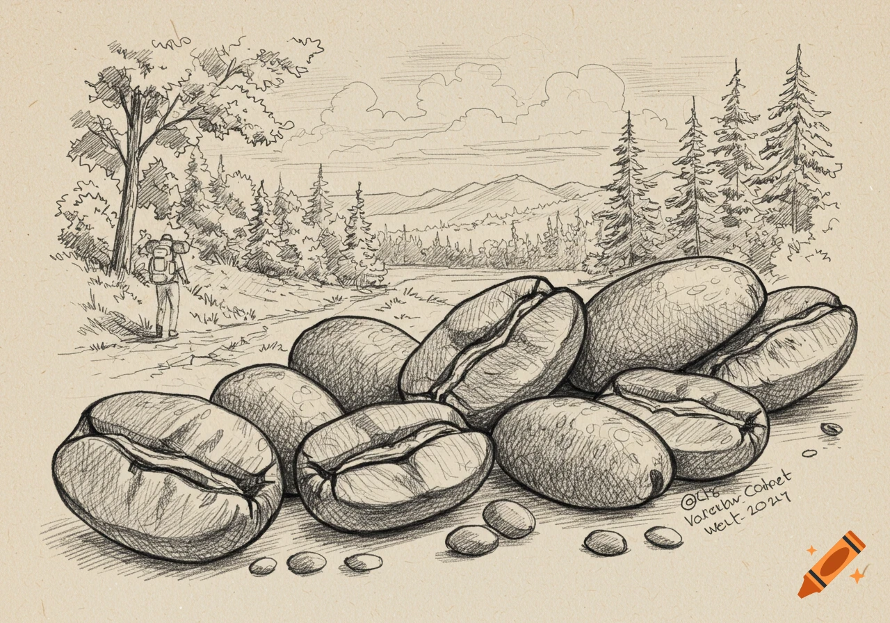 Pencil sketch of coffee beans in the foreground with a person hiking in a landscape background.