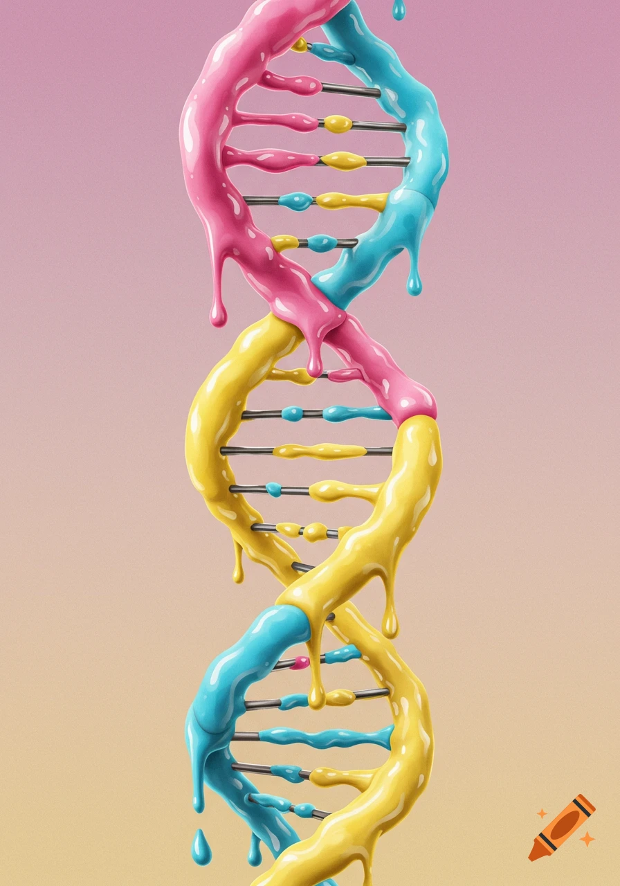 A brightly colored DNA double helix made of dripping liquid against a gradient background.