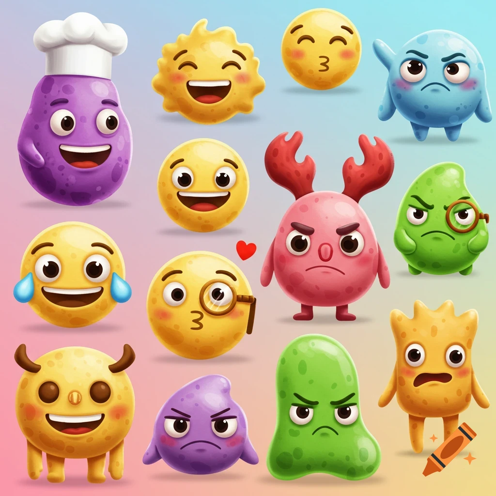 Collection of colorful, cartoonish monster emojis with various expressions.
