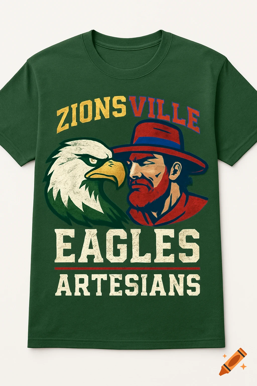 Green t-shirt with an eagle and a person in a hat, text reads Zionsville Eagles Artesians.
