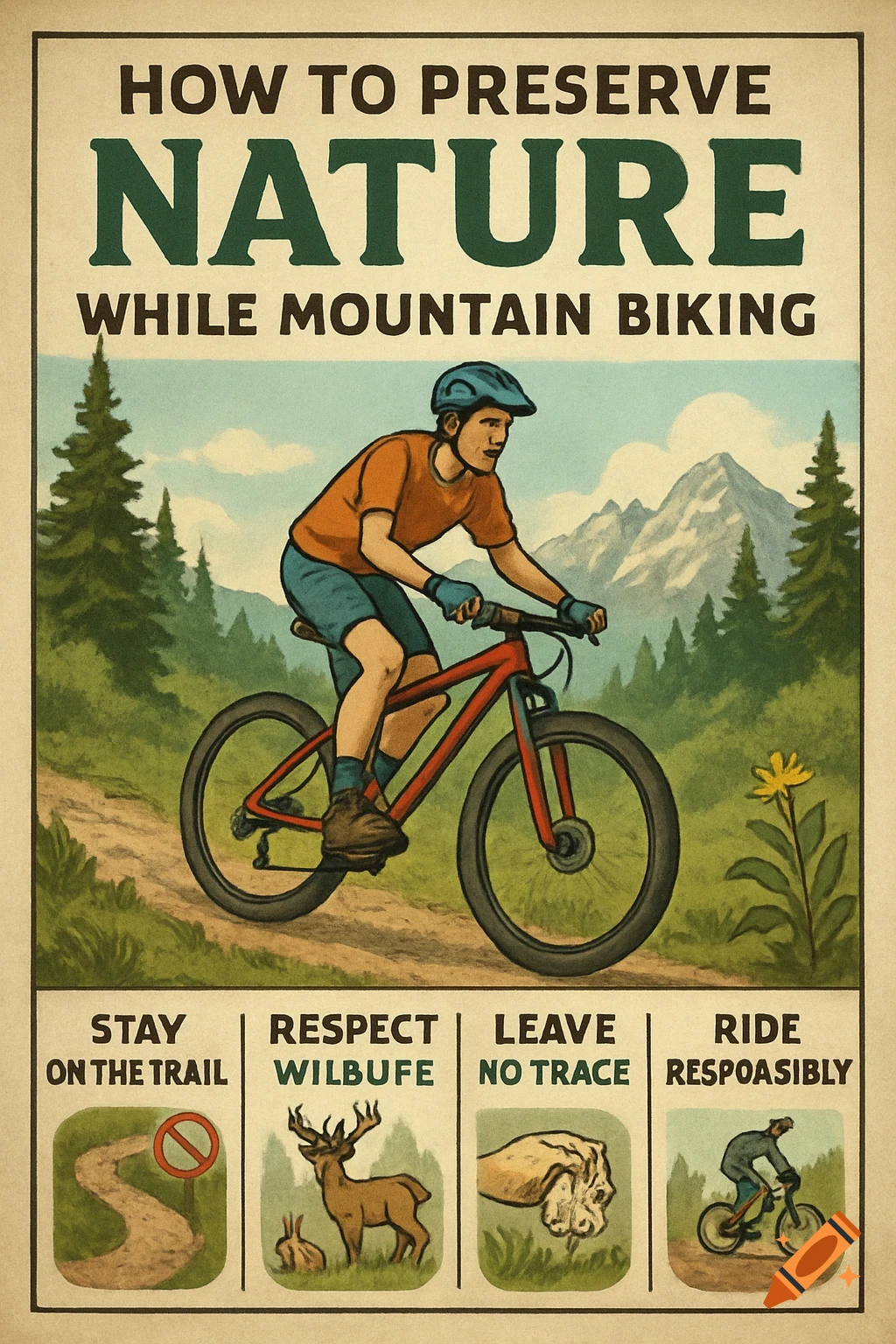 Illustration of a mountain biker on a trail, with text about preserving nature in a vintage poster style.
