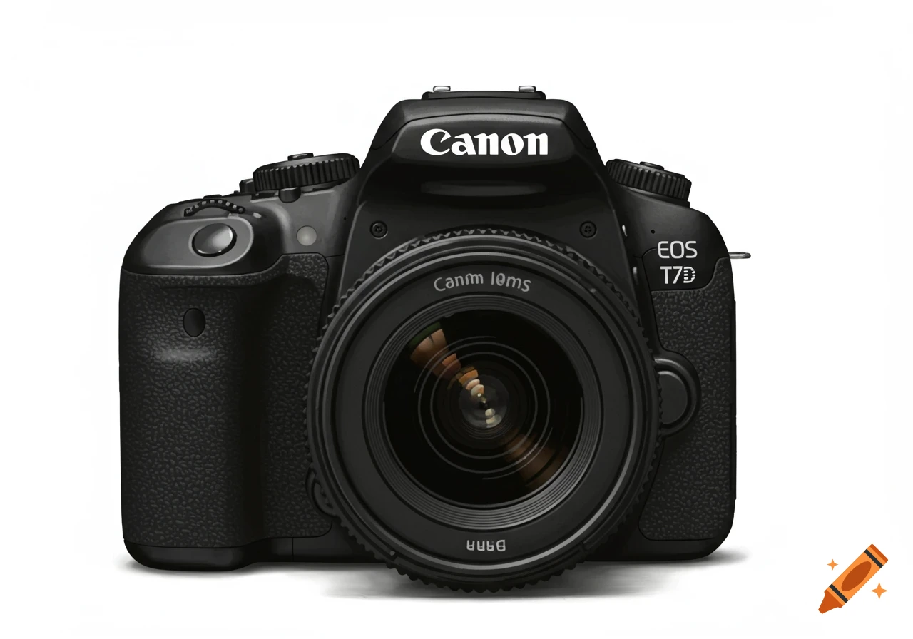 A black DSLR camera with a lens is centered against a white background.