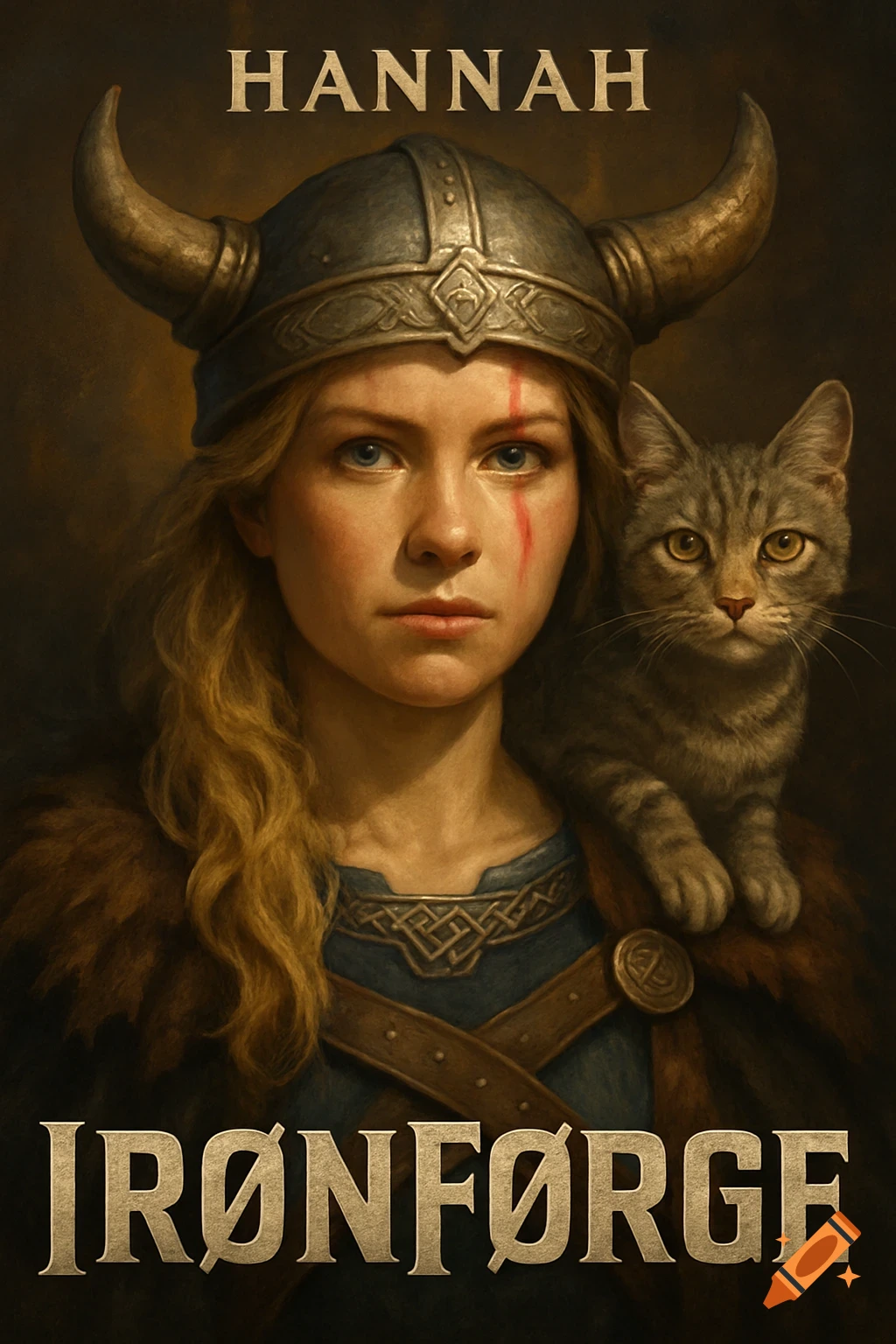 Portrait of woman in viking helmet with cat on shoulder. Text: HANNAH IRØNFØRGE.
