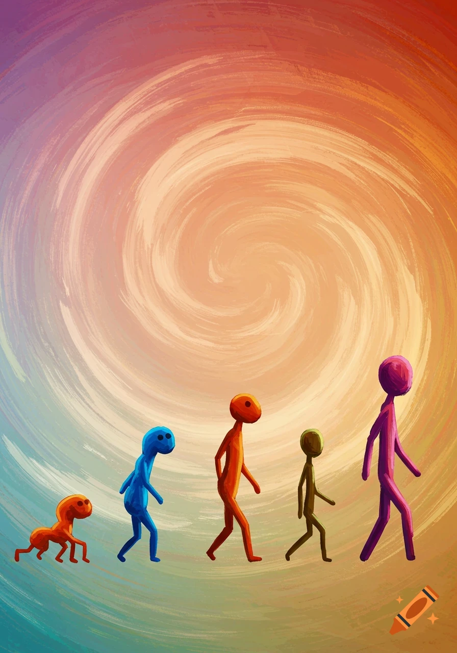 Colorful stick figures evolving against a swirly abstract background.