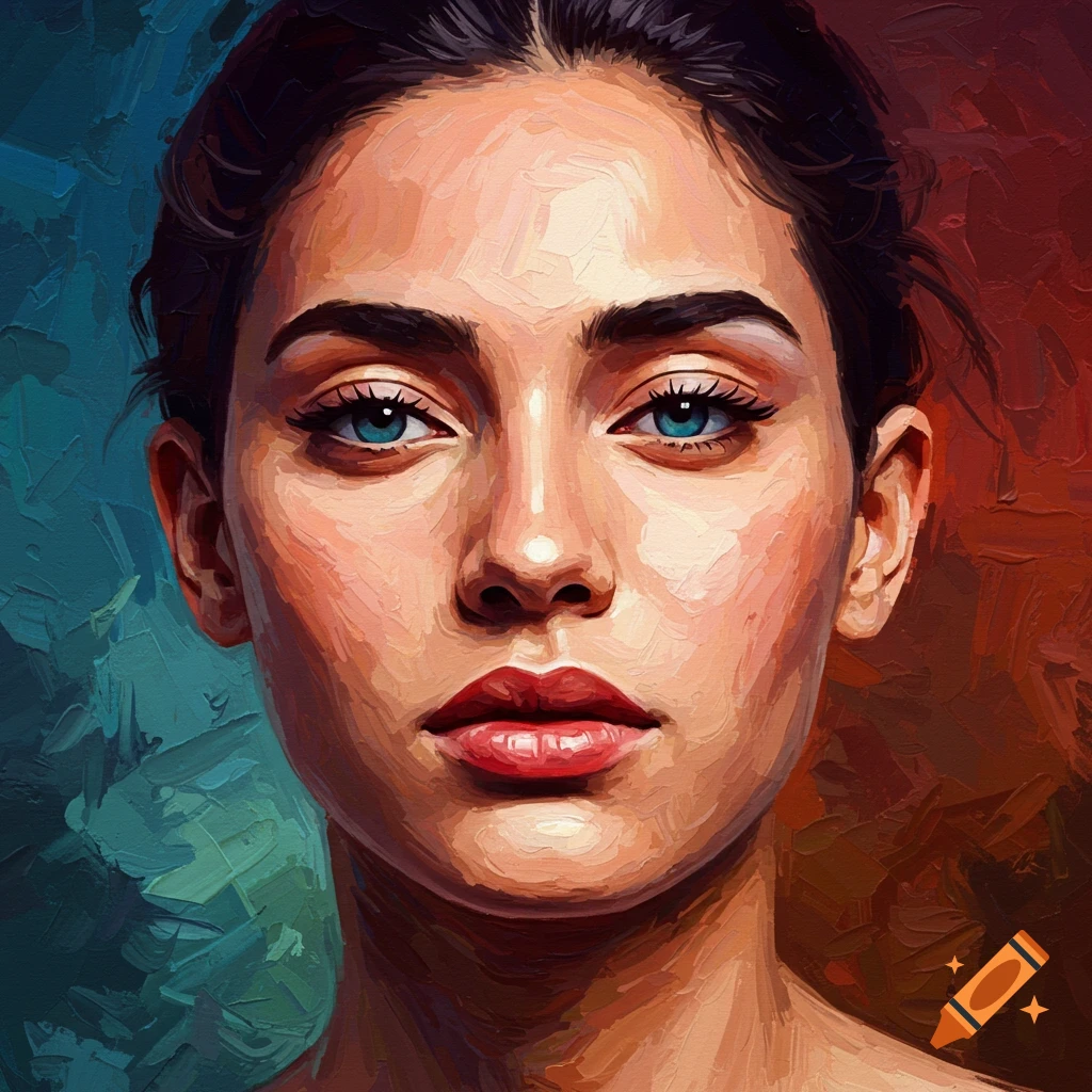 Oil painting of a woman's face with blue eyes and expressive brushstrokes.