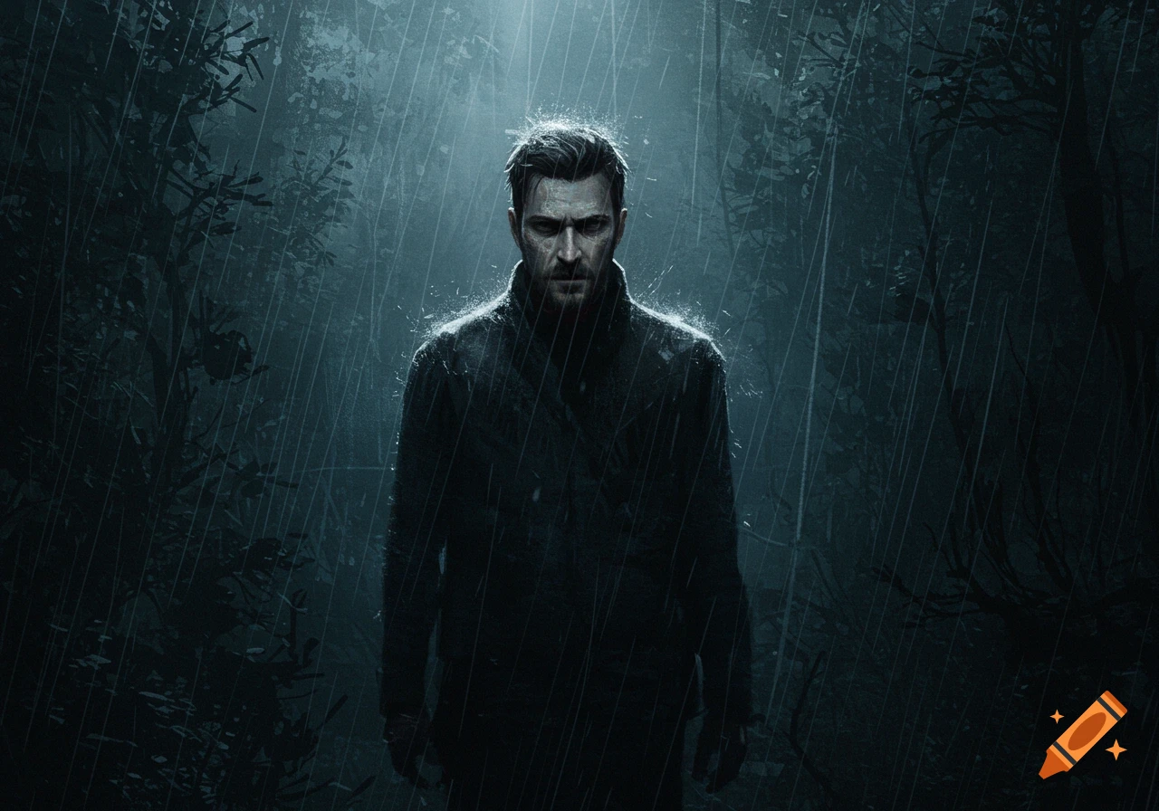 A man stands in a dark forest during heavy rain, illuminated by a beam of light.