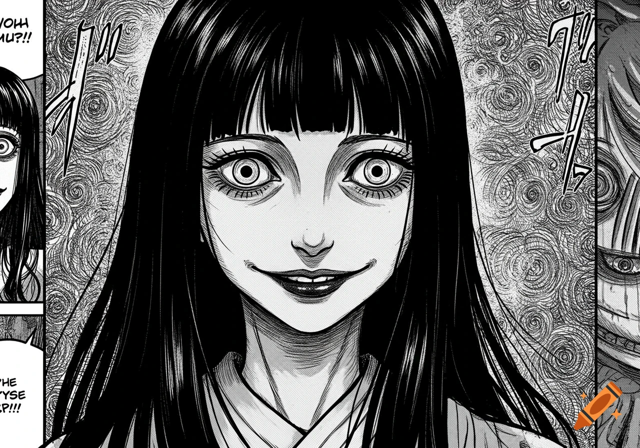 A black and white manga panel showing a scary face with wide eyes and a ...