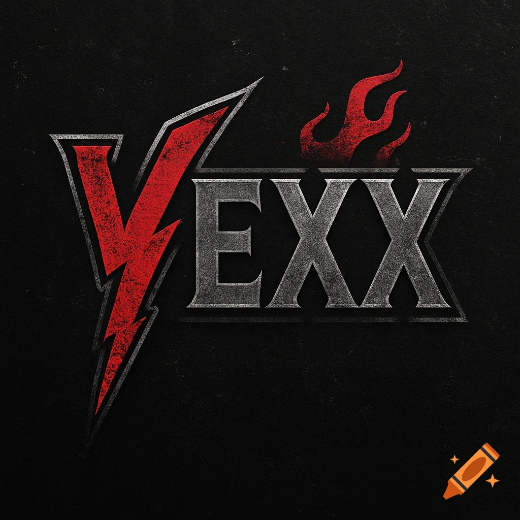 Grunge logo for VEXX with red lightning bolt V and flames on dark background.