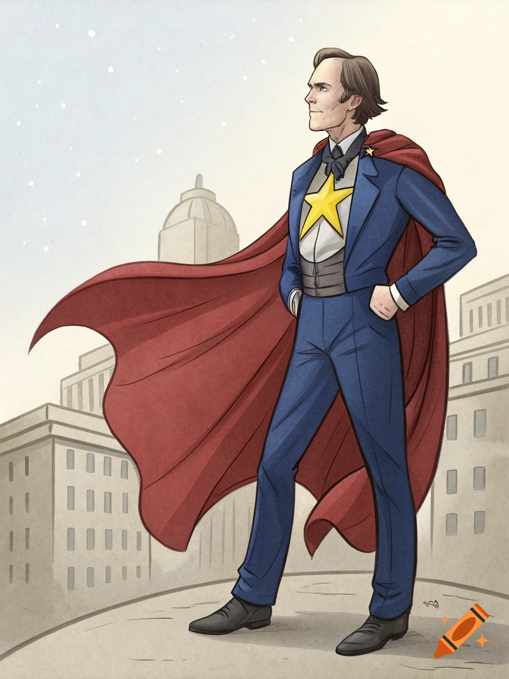 Illustration of Henry Clay as a superhero in a blue suit and red cape standing in front of buildings.