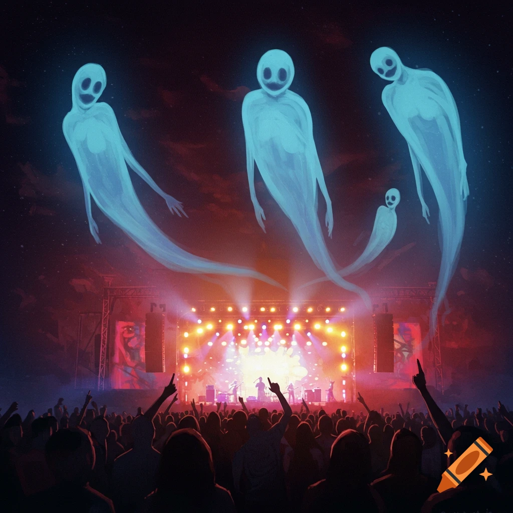 Elongated ghostly figures float above a music concert crowd and stage lights.